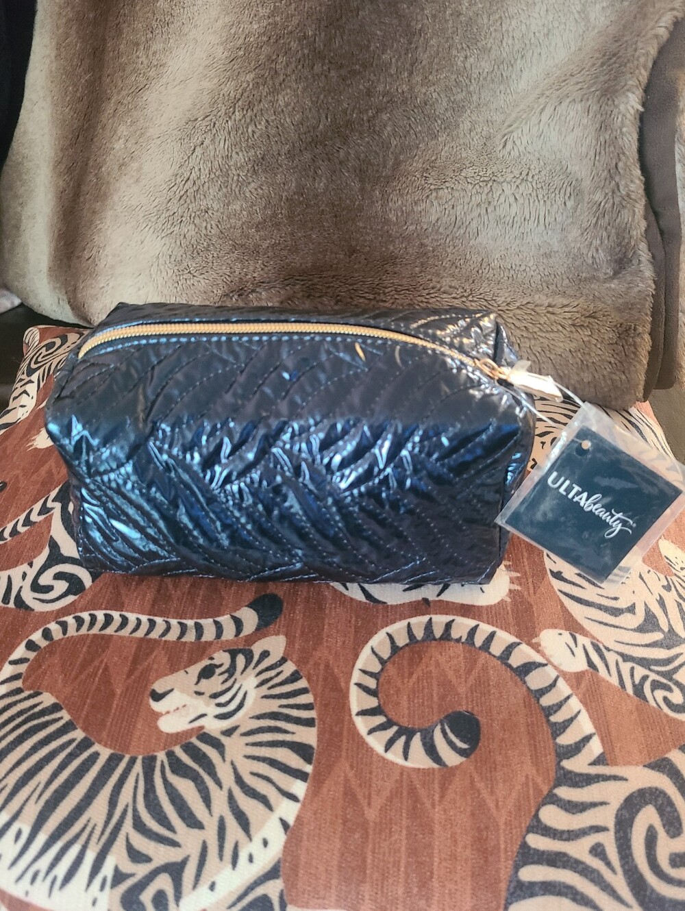 Ulta Beauty Quilted Shiny Navy Toiletry Bag with Gold Zipper